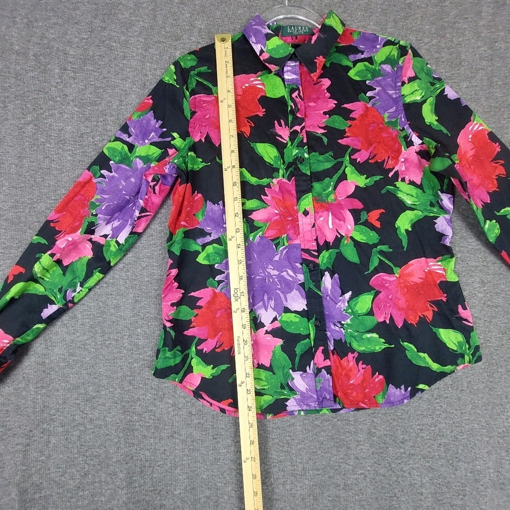 LAUREN RALPH LAUREN WOMENS BLACK MULTICOLORED FLORAL BUTTON FRONT SHIRT SIZE PL - Picture 3 of 6